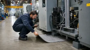 Maintenance worker in a warehouse checking an absorbent drip mat under industrial machinery as part of a routine inspection.
