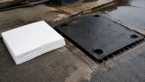 Oil absorbent pads and drain cover used for industrial stormwater pollution prevention