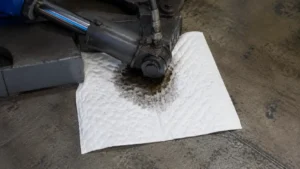 Oil-only absorbent pad soaking up a hydraulic fluid leak under an industrial cylinder