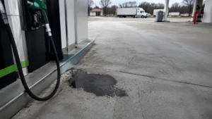 Small fuel spill pooling on concrete near a fuel dispenser at a commercial fueling station
