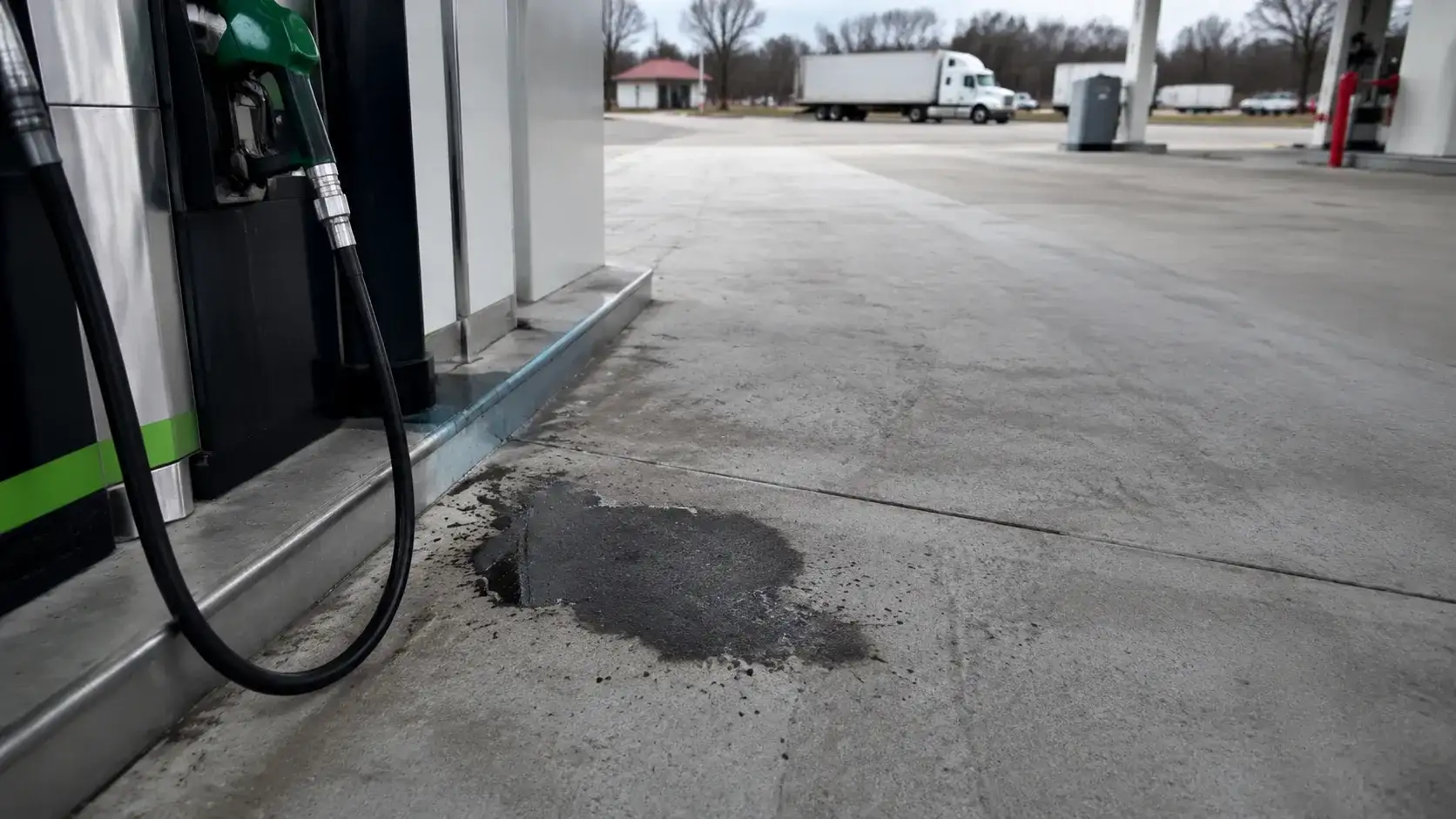 Diesel fuel pooling on concrete near a fuel dispenser