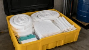 Spill kit containing polypropylene absorbent booms socks and pads staged for emergency response