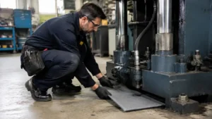 Technician placing an absorbent drip pad under a hydraulic press to prevent fluid leak spread