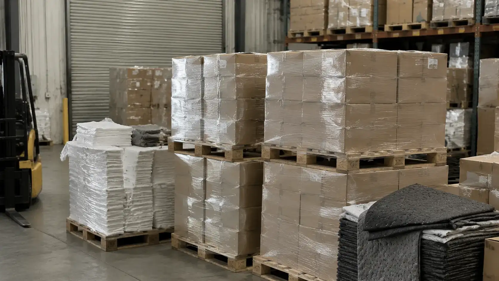 Warehouse pallets stacked with industrial absorbent stock near a containment area
