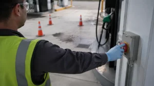 Worker in gloves and safety glasses shutting off a fuel pump switch near a spill zone marked with cones