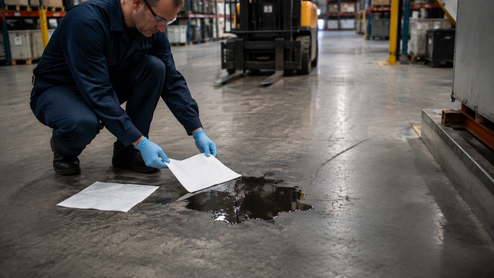 Worker placing absorbent pads on an industrial oil spill on a concrete warehouse floor