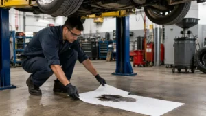 Worker placing polypropylene oil absorbent pads under a vehicle in an auto shop