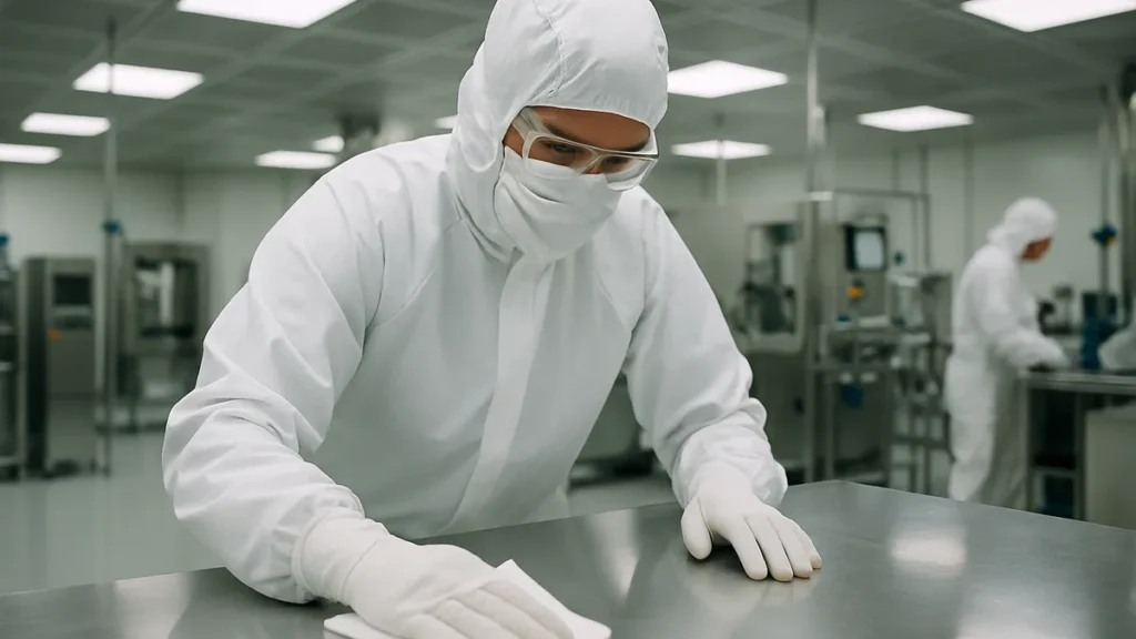 Gowned technician performing cleanroom cleaning on a stainless steel work surface