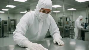Gowned technician performing cleanroom cleaning on a stainless steel work surface