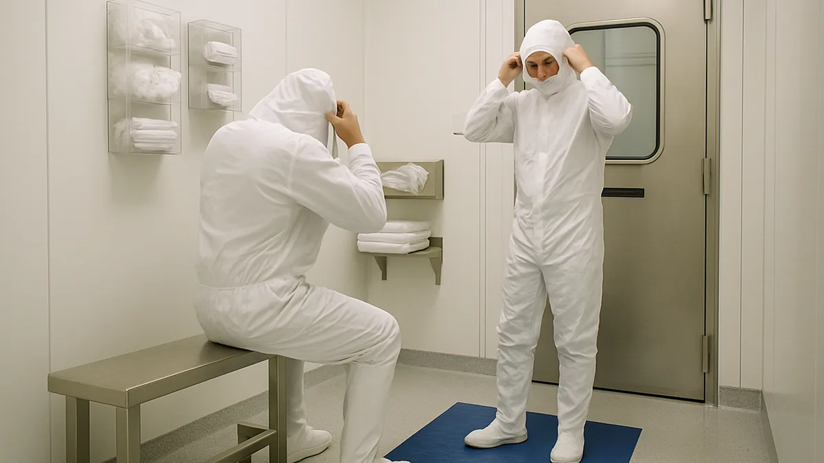 Cleanroom gowning airlock with technicians putting on coveralls and hoods before cleanroom cleaning