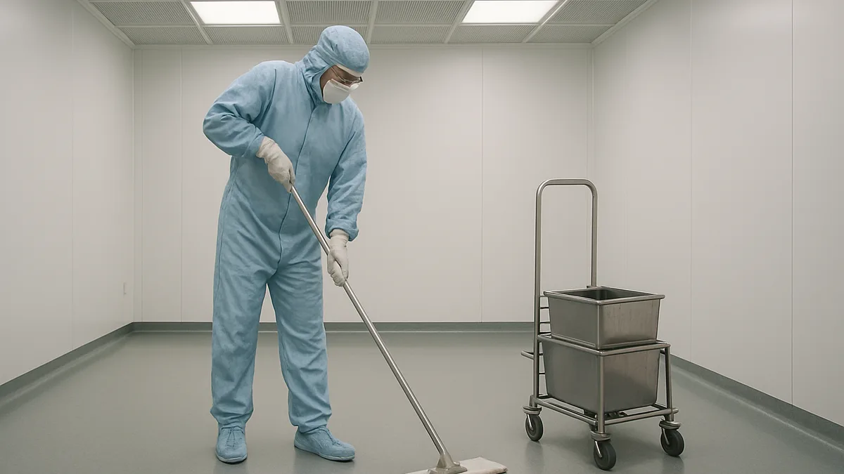 Cleanroom cleaning of the floor using a flat mop system and charging bucket in a classified room