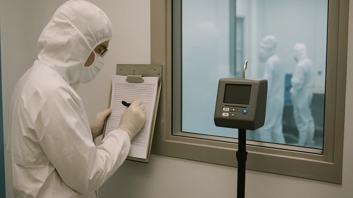 Cleanroom cleaning log being completed at an entry station after a scheduled clean