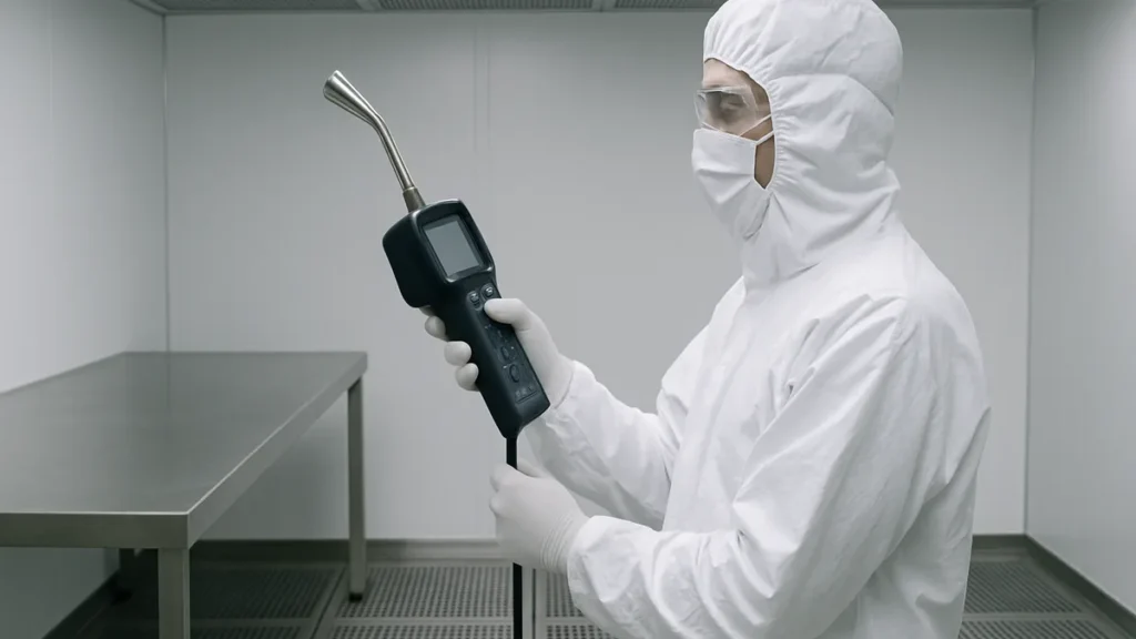 Technician using a handheld particle counter during cleanroom classification testing under ISO 14644 standards.