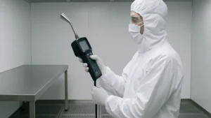 Technician using a handheld particle counter during cleanroom classification testing under ISO 14644 standards.