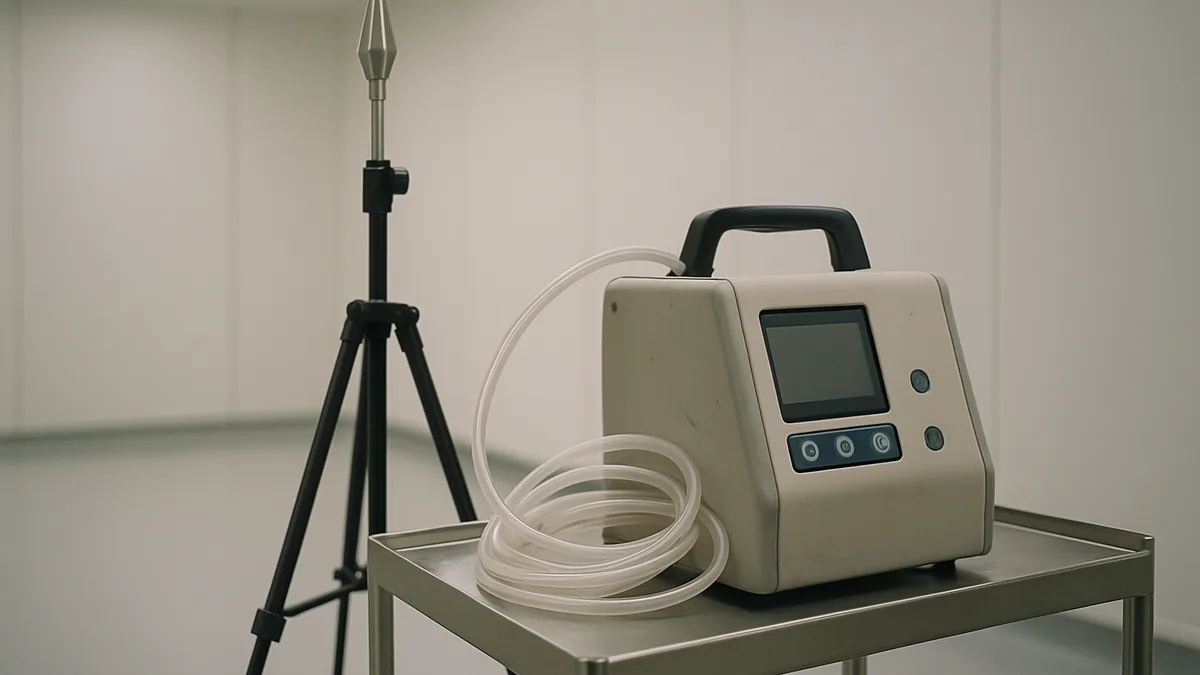 Particle counter and isokinetic sampling probe positioned for ISO 14644-1 cleanroom classification measurement.