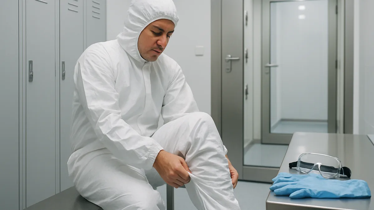 Operator gowning in full cleanroom coverall and hood before entering an ISO Class 5 area.