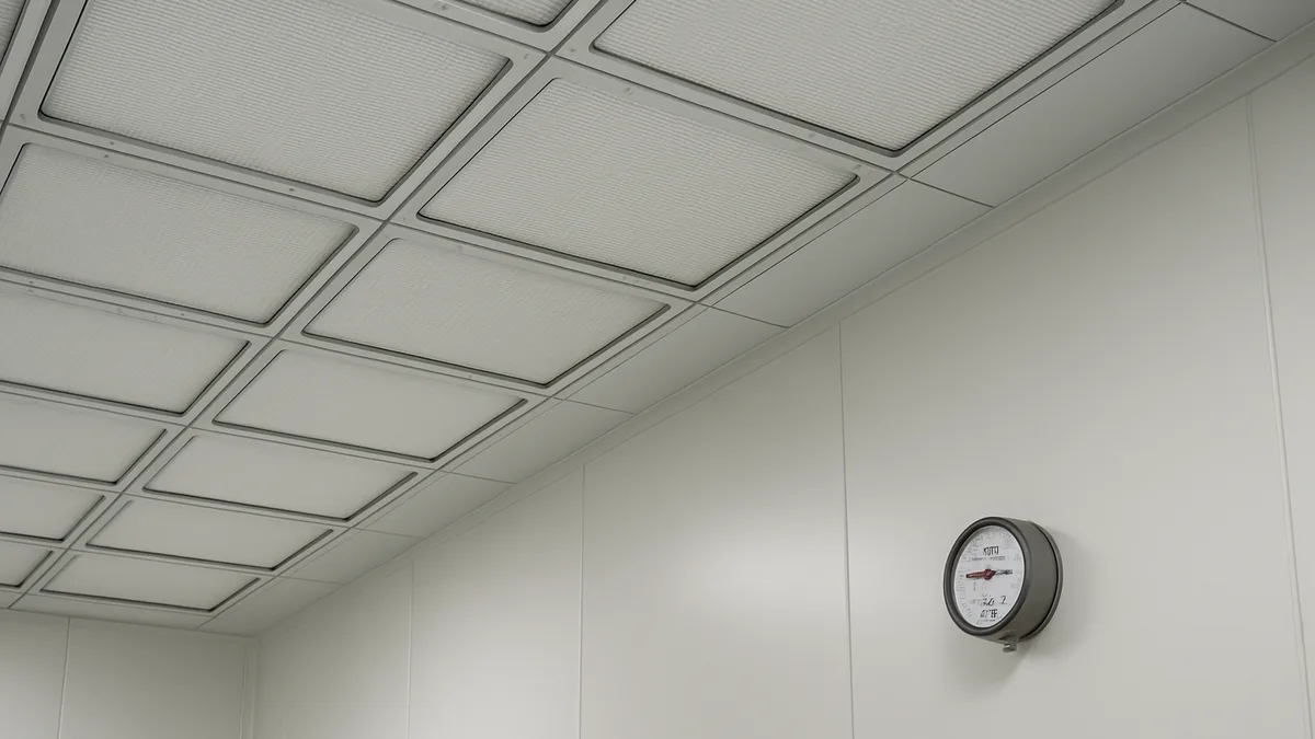 HEPA filter ceiling grid and room pressure differential gauge supporting cleanroom classification maintenance.