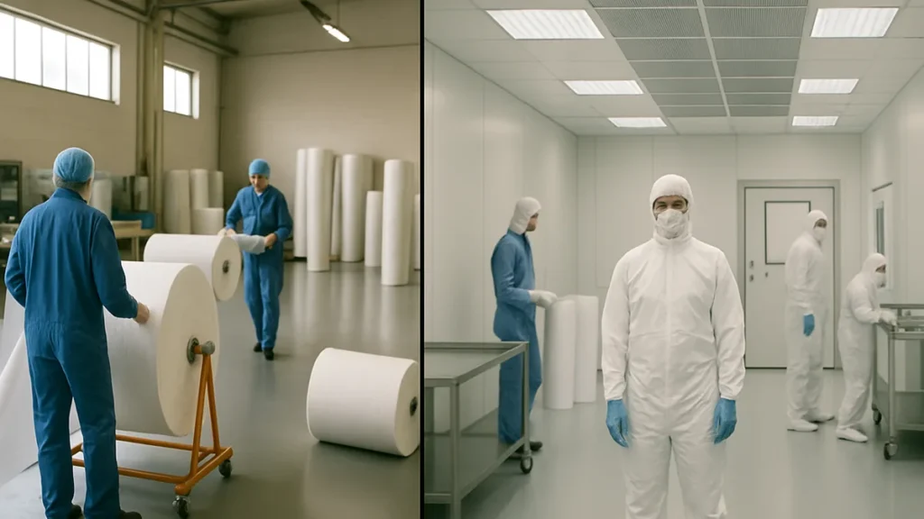Controlled production area beside a certified cleanroom illustrating dust free vs cleanroom differences