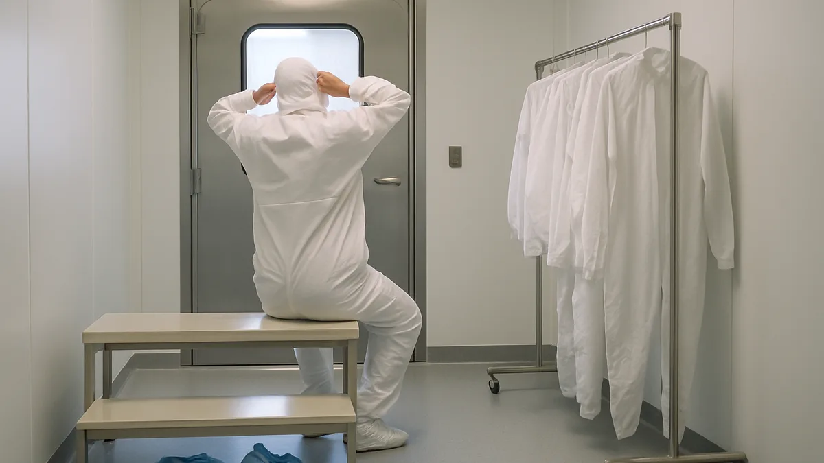 Worker gowning in a cleanroom airlock, a contamination control step absent from a dust free workshop