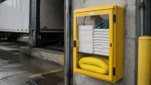 Wall-mounted industrial spill kit station near loading dock for stormwater spill response