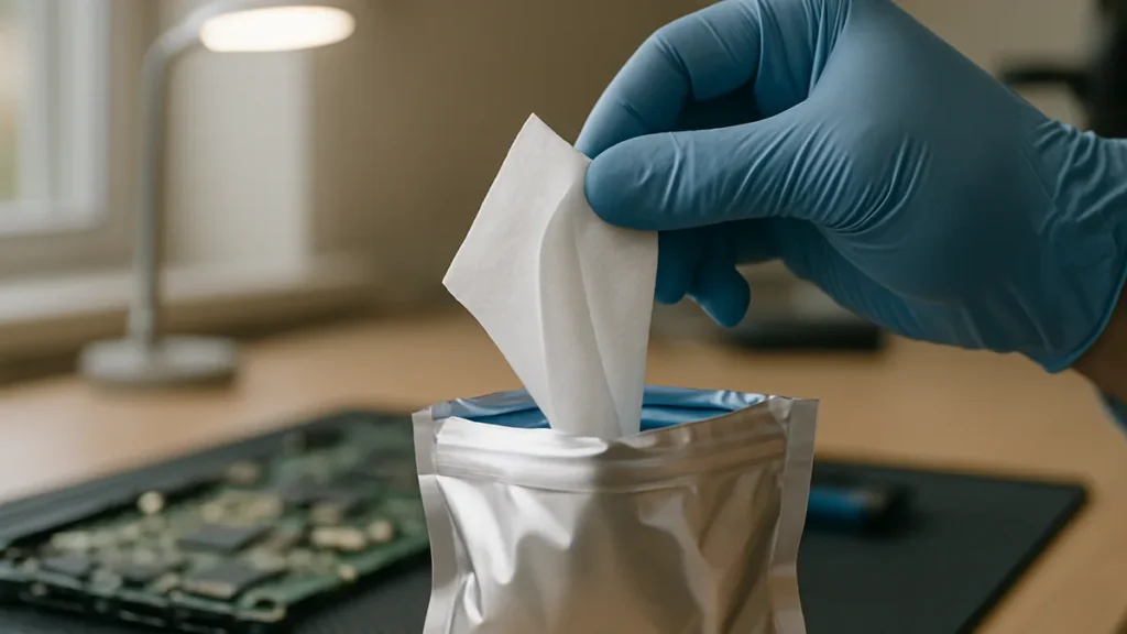 Technician removing a presaturated IPA wipe from a resealable pouch at an electronics bench