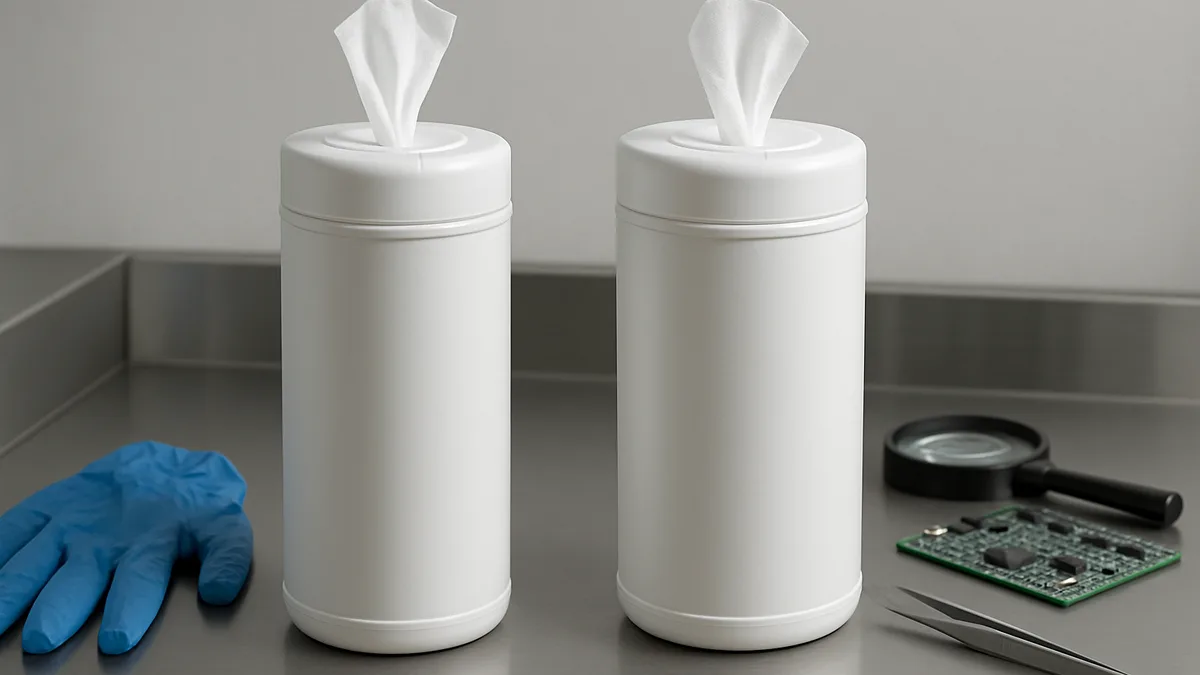 Two containers of isopropyl alcohol wipes staged for disinfection and electronics cleaning tasks