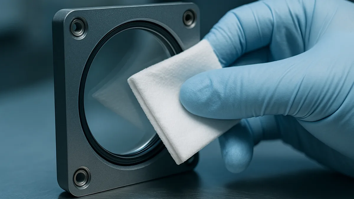 Gloved hand using a folded lint-free IPA wipe in a single direction across an optical surface